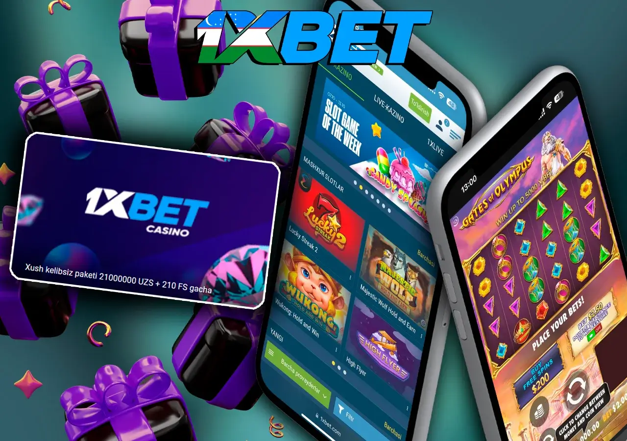 1xBet o'yiniga ega ikkita telefon ko'rsatilgan, ularning yonida xush kelibsiz bonus mavjud