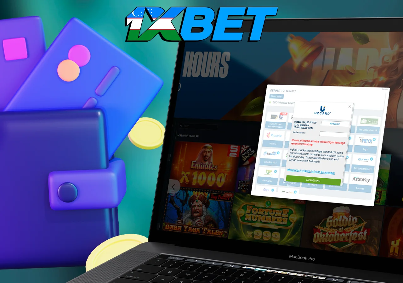 1xBet-da shaxsiy hisobni to'ldirish jarayoniga ega noutbuk