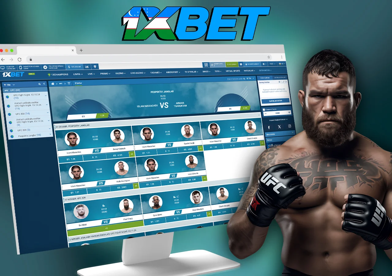1xBet veb-saytida UFC uchun tikish bo'limi bilan monitor