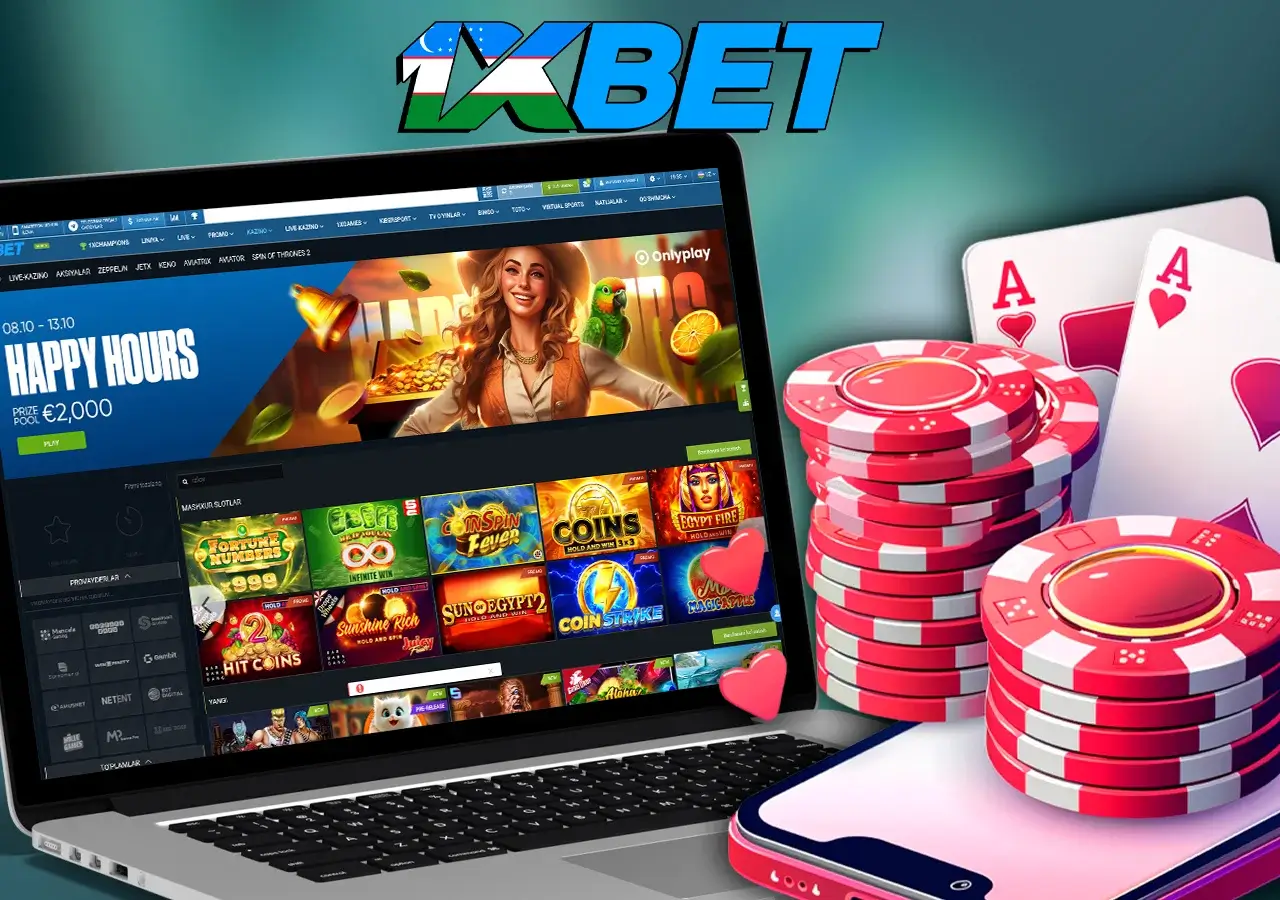 1xBet veb-saytida kazino o'yinlarining ochiq ro'yxatiga ega noutbuk