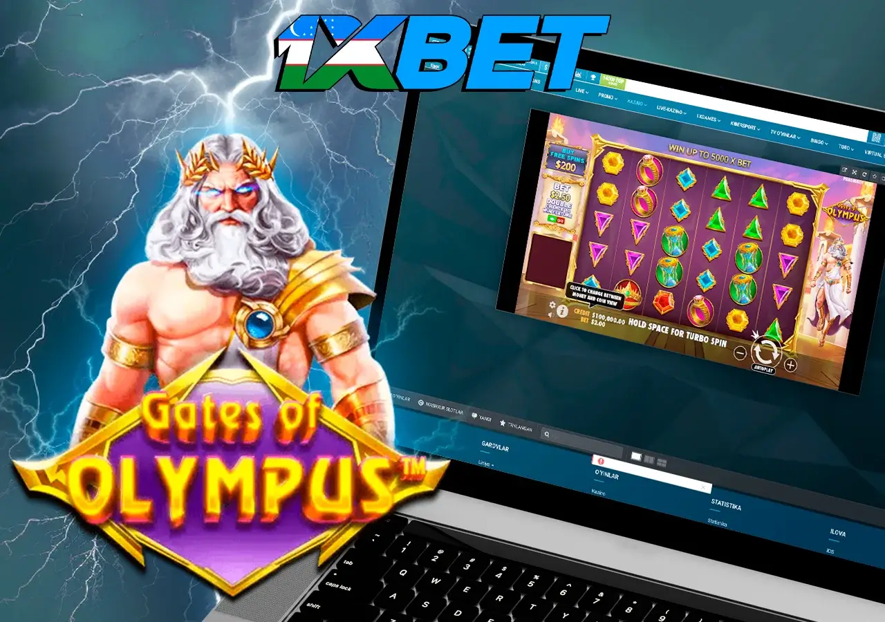 Gates of Olympus o'yini va bosh qahramon bilan noutbuk