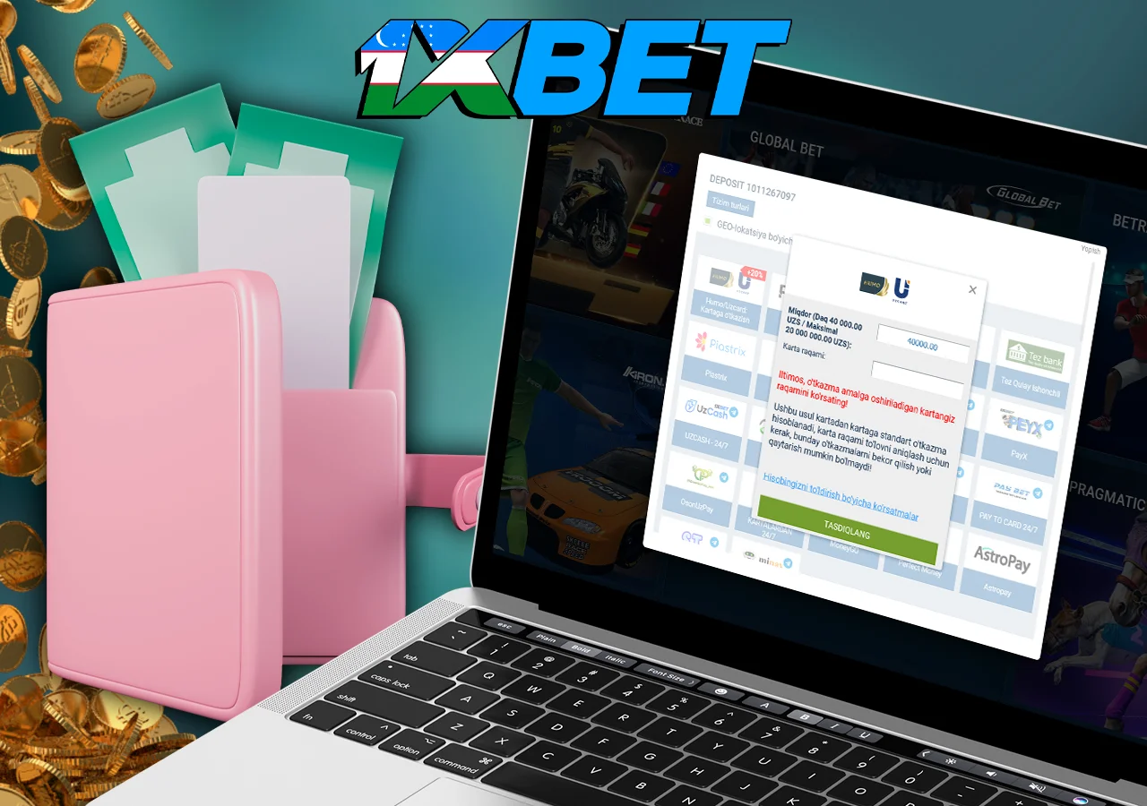 Noutbuk 1xBet-da to'lovni amalga oshirish jarayonini ko'rsatadi