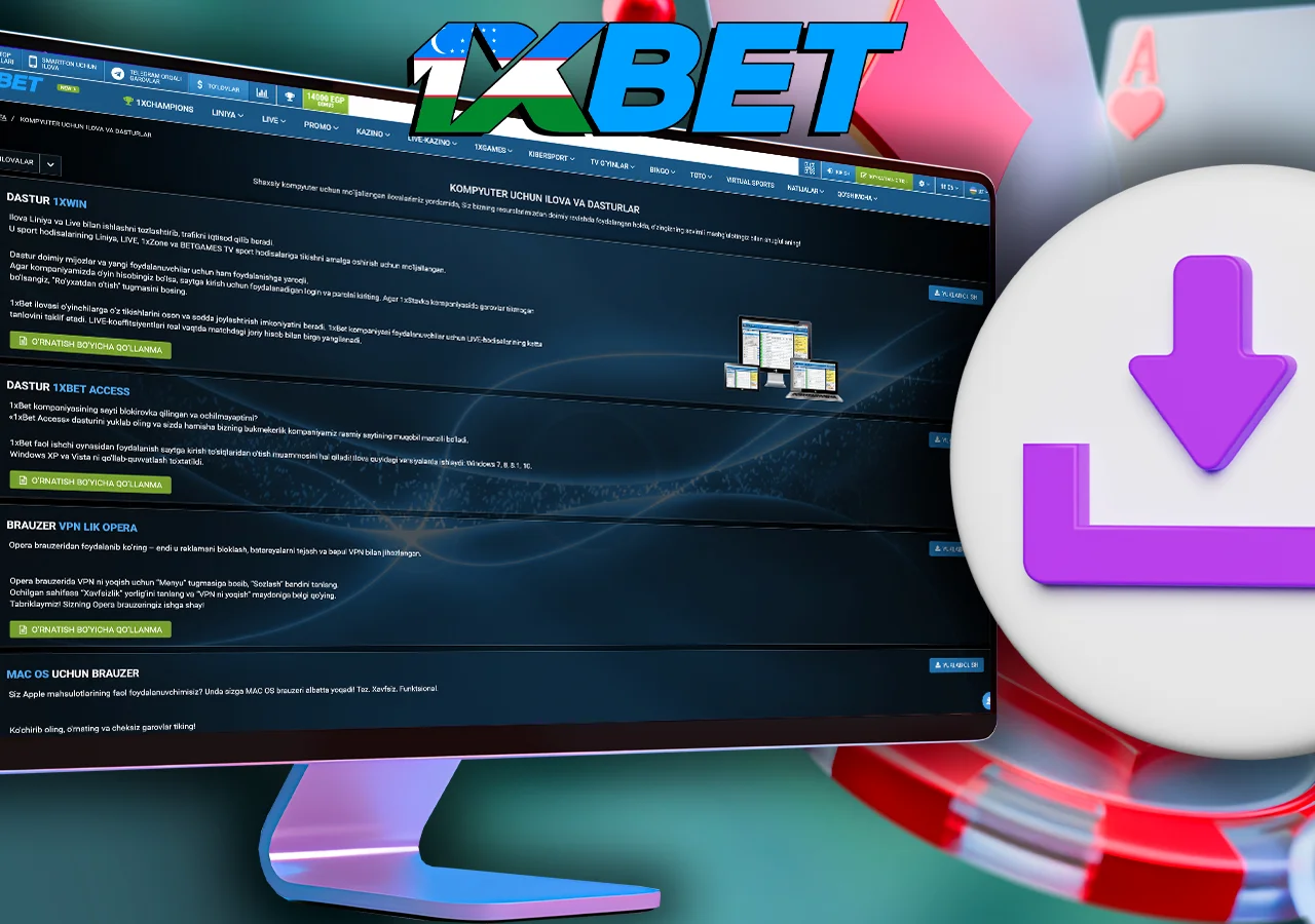 Monitor 1xBet ilovasini kompyuteringizga qanday yuklab olishni ko'rsatadi