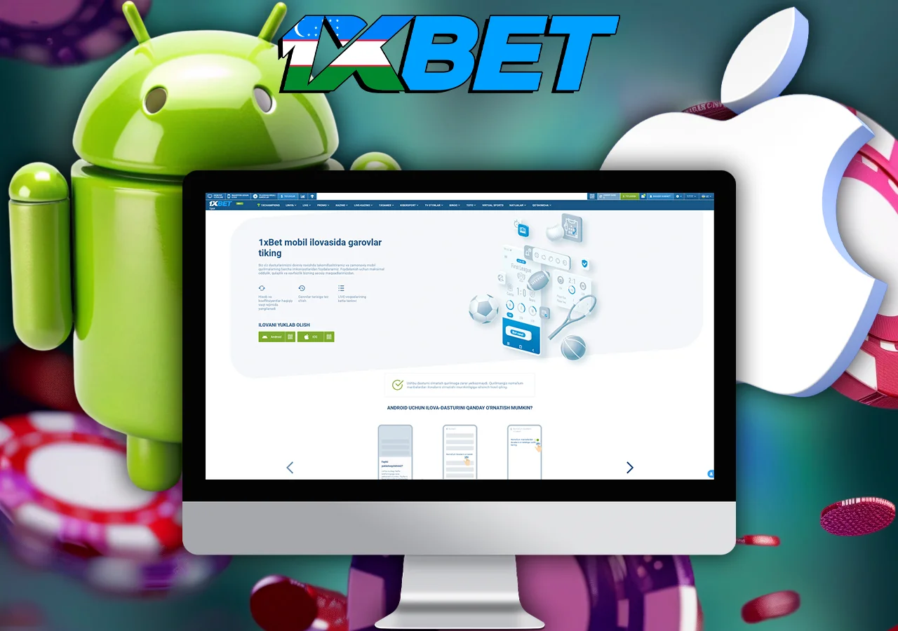 Monitor telefonlarda 1xBet ilovasini o'rnatish sahifasini ko'rsatadi