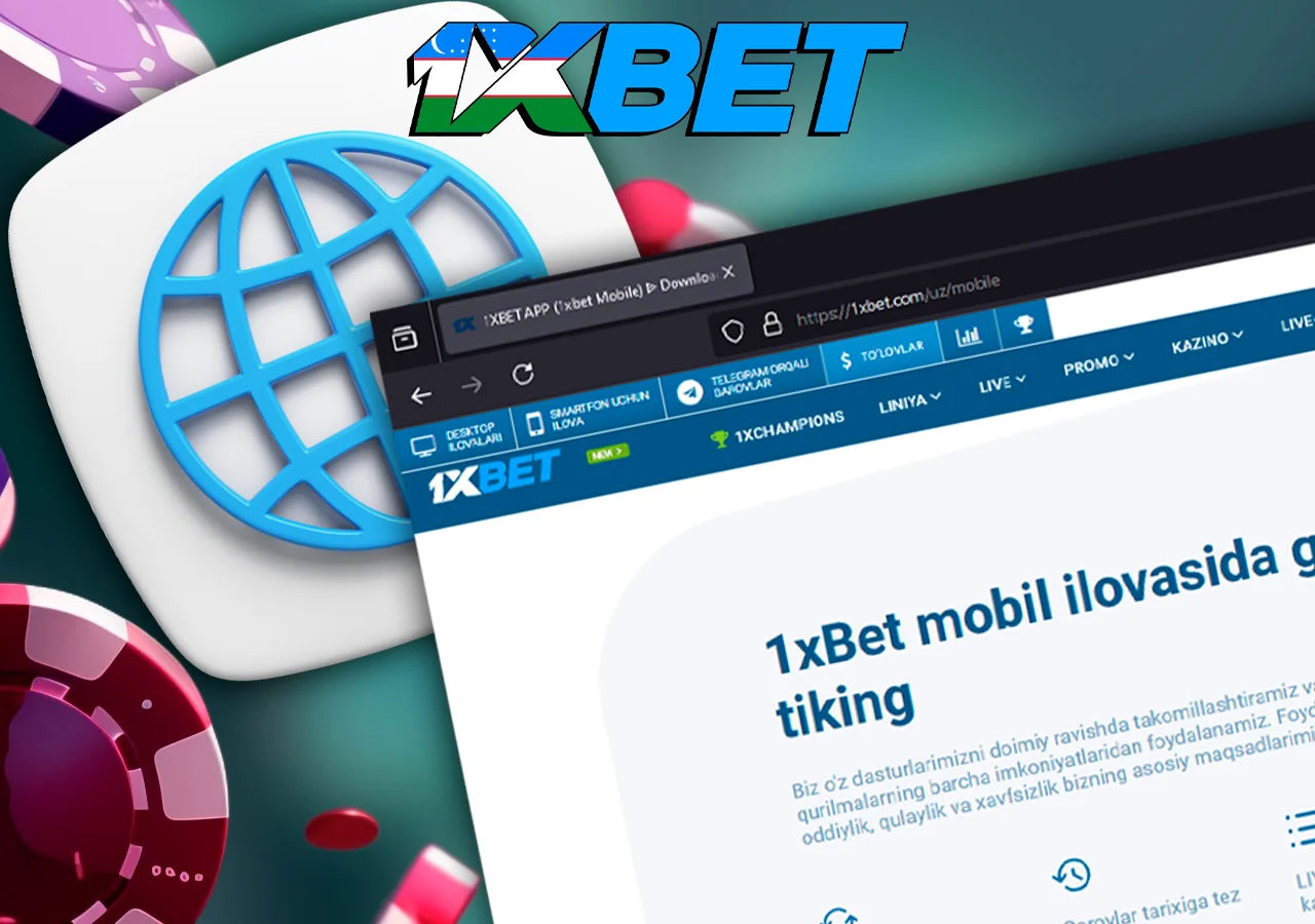 Brauzer belgisi yonida 1xBet veb-saytiga havolasi bo'lgan skrinshot ko'rsatilgan